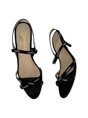 Chanel Vintage Logo Grosgrain Strap Sandals Black Heels EU 39.5 Minimalist Shoes